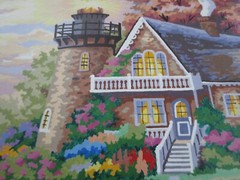 Framed LIGHTHOUSE COTTAGE SPRING SCENE Paint By Number PAINTING – 22″ x 18-1/4″