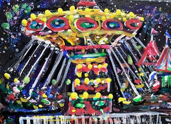ORIGINAL ACEO Painting CARNIVAL Fair Amusement Park Fireworks Swing Ride ATC ART