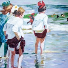 Children Scroll Down to the California Beach Scene Oil Painting 36″W x 24″L