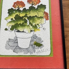 Charlotte Sasser Signed Hand Painted Engraving Art Miniature 6×5” Geraniums