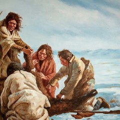 Grandpa Vintage ALASKA Eskimo Hunting Wildlife Scene Oil Painting 36″W x 24″L