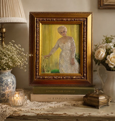 Vintage Framed Lady Portrait Print 1969 Signed Textured Canvas Gold Frame 14×12