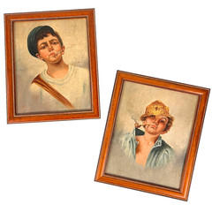 Neapolitan Realism Smoking Boys 2 Vtg Street Urchin Folk Art Painting Lot Framed