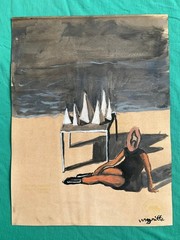 René Magritte drawing and painting on old paper signed stamped vintage