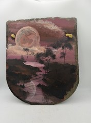 Hand Painted Landscape on Natural Slate Wall Hanging Moon River Scene 11” x 9”
