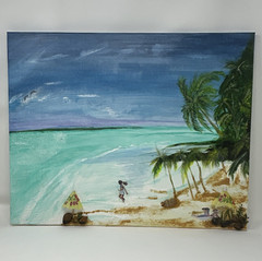 Impressionist Seascape Beach Ocean Palm Trees Canvas Painting Unframed