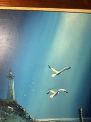 Large Philip Sadee „Seaside With Lighthouse Gulls“ Oil Painting – Signed/Framed