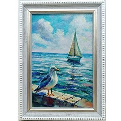Seagull Original Oil Painting 6×4 Framed Signed Ocean Seagull Beach Bird Art