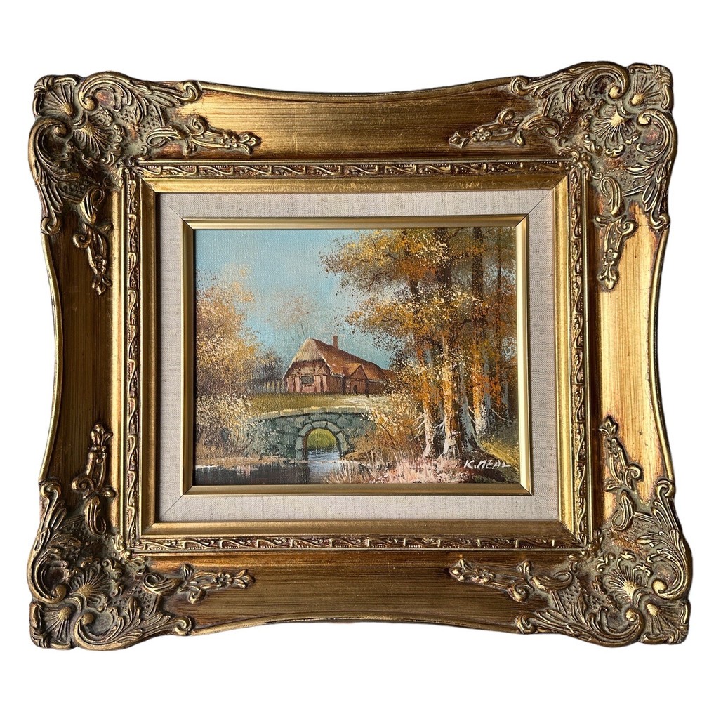Vintage K Neal Original Oil Painting 17×15 Inch Canvas The Cottage Framed Signed
