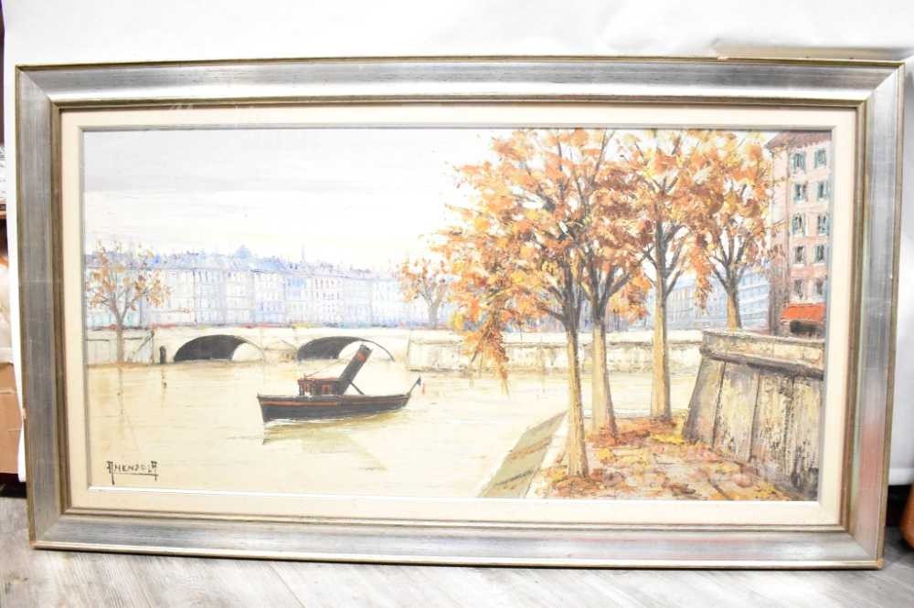 Framed Painted Panel Amendola Depicting Seaside With Pier And Boat 140×80 Cm