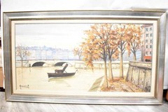 Framed Painted Panel Amendola Depicting Seaside With Pier And Boat 140×80 Cm