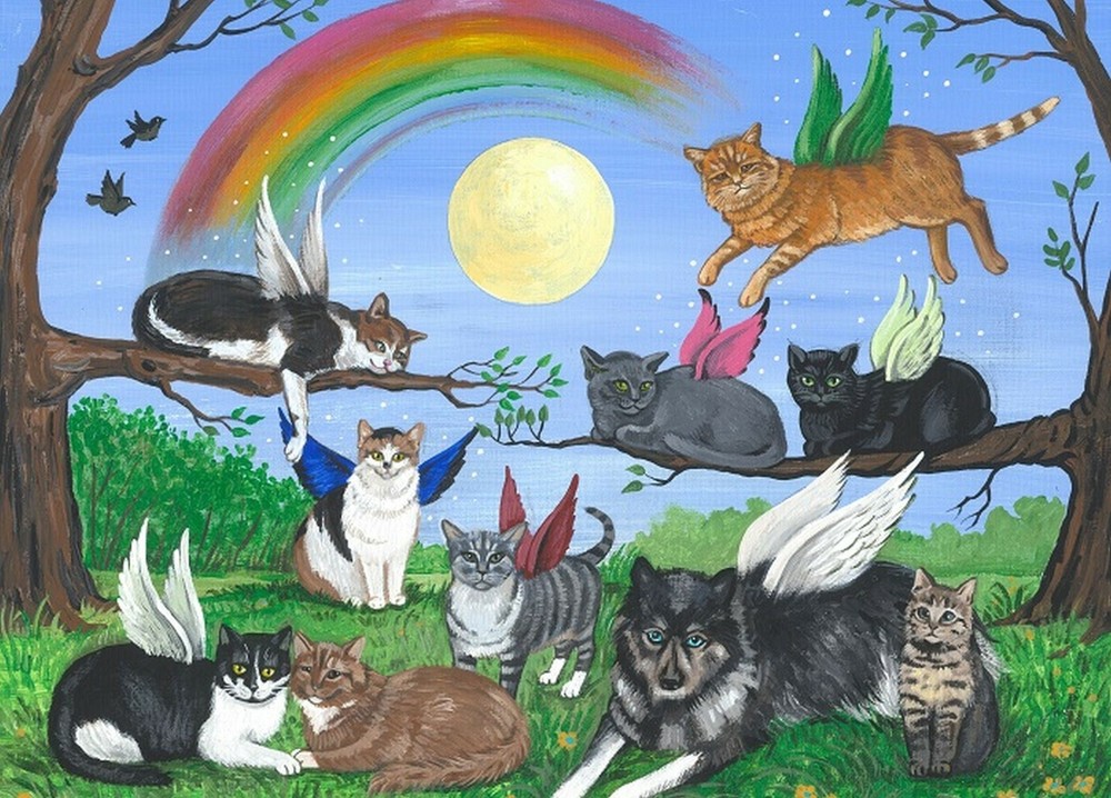 ACEO Print of Painting Ryta tabby calico ginger Black cat dog Rainbow Art pet