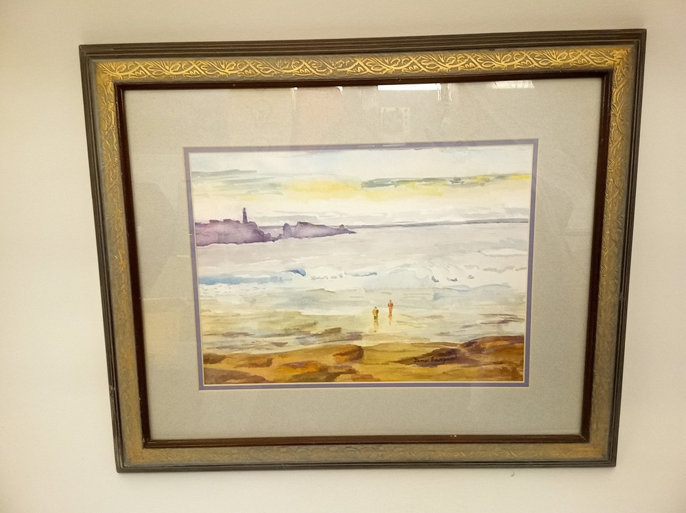 Jane Harper watercolor painting people on beach framed Oregon Coast Sands ofTime