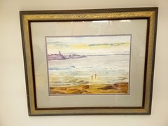 Jane Harper watercolor painting people on beach framed Oregon Coast Sands ofTime