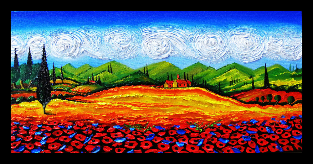 TUSCANY RED POPPIES PALETTE KNIFE TEXTURE OIL PAINTING ART BY IVETA