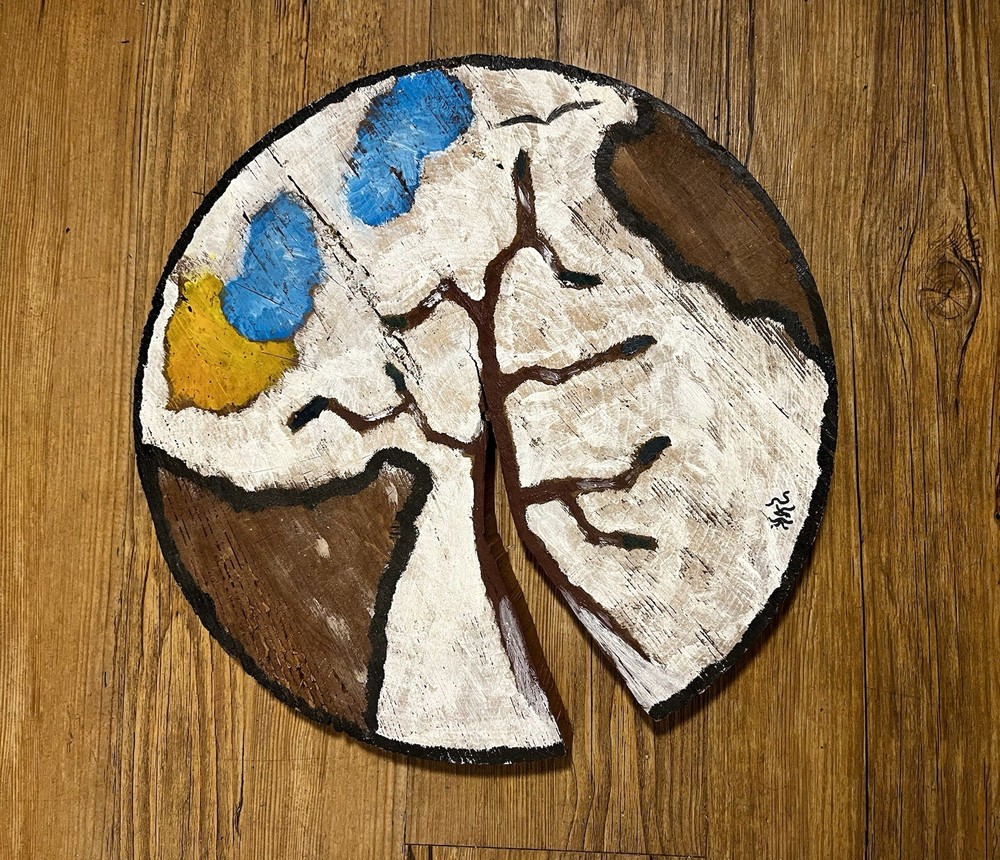 Abstract Hand Painted Natural Live Edge Wood Cut Art Landscape Scene Signed 13”