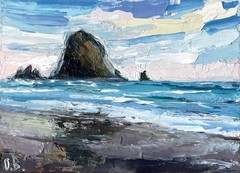 Cannon Beach Painting Original Art Impasto Oil Painting Haystack Rock 5×7″