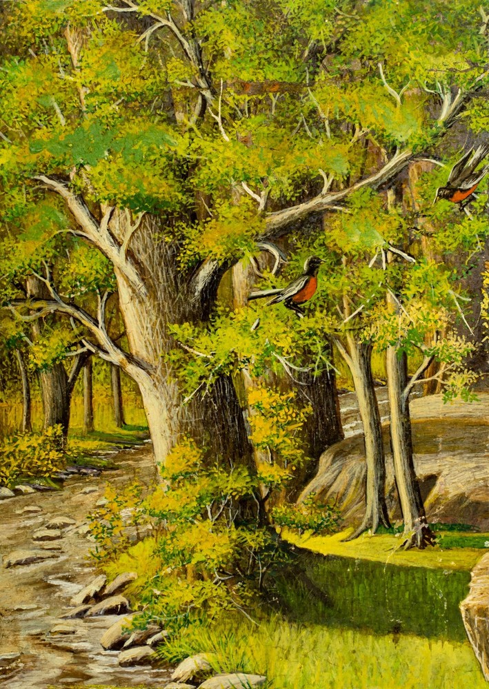 Small Vintage Bird Painting, Robin in the Woods with Stream, Unsigned