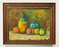 Vintage MCM Fruit Wine Still Life Bold Colors Signed Evelyn Bunt Framed Painting