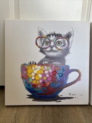 2 Joyce Signed Canvas Art French Bulldog Bow Tie & Kitten Teacup Glasses 16×16”