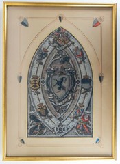 Fine Antique Gothic Revival Watercolor Painting Family Crest Coat of Arms German