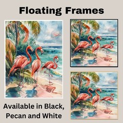 Watercolor Flamingos by Tropical Shoreline in Coastal Beach Canvas Art Print