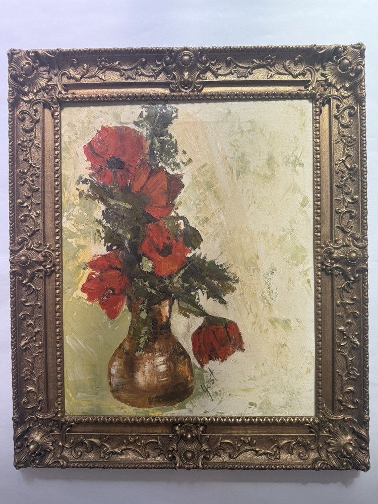 Original Oil Painting Signed Yost Red Floral Still Life Framed Impressionist