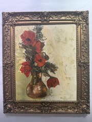 Original Oil Painting Signed Yost Red Floral Still Life Framed Impressionist