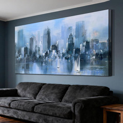 Large Blue Canvas Wall Art – Abstract Brooklyn Bridge for Home Decor 58″x29