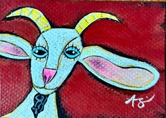 ACEO original painting folk art goat animal farm Amy Sullivan OOAK acrylic