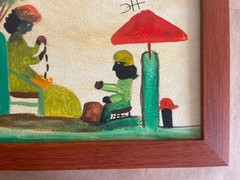 CLEMENTINE HUNTER DRAWING ON ANTIQUE WOOD, FRAMED ON WOOD, SIGNED AND SEALED