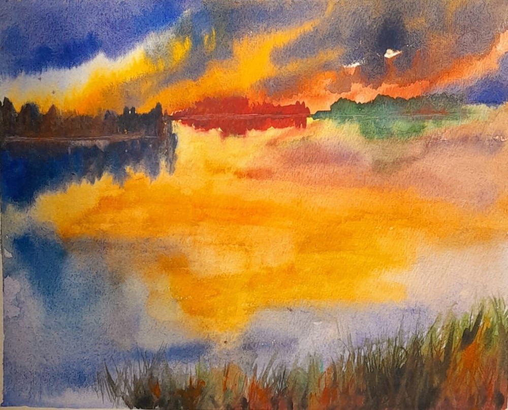 Arisa Strazds – „Reflections“ – Sunset Landscape Watercolor Painting, 25x31cm