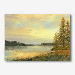 Original Watercolor by LINDA HENRY – Peaceful Fall Landscape Sunset on the Lake