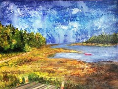 Coastline with Trees, Boat, Dock, Original Oil Painting -IMPRESSIONIST LANDSCAPE