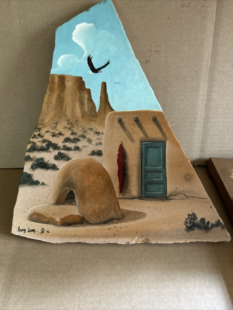 Andy Luna 1992 Acrylic Piece Of Art On Arizona Sandstone Comes With Cedar Stand