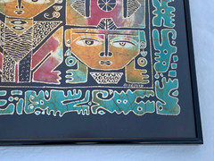 MURJOKO SIGNED BATIK PAINTING 2 PC LOT SOUTH ASIAN AZTEC MAYAN ABSTRACT FIGURES