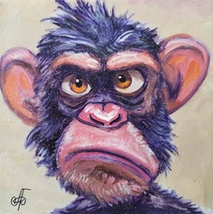 Original Acrylic Painting Funny Grumpy Chimp Monkey Portrait Small Hand Painted