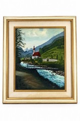 Vtg Landscape Oil Painting Church Mountain River Bridge Signed Lore 1990 Framed
