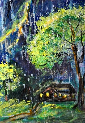 ACEO Original CABIN Summer Rain House Tree PAINTING Storm Nature Landscape ART