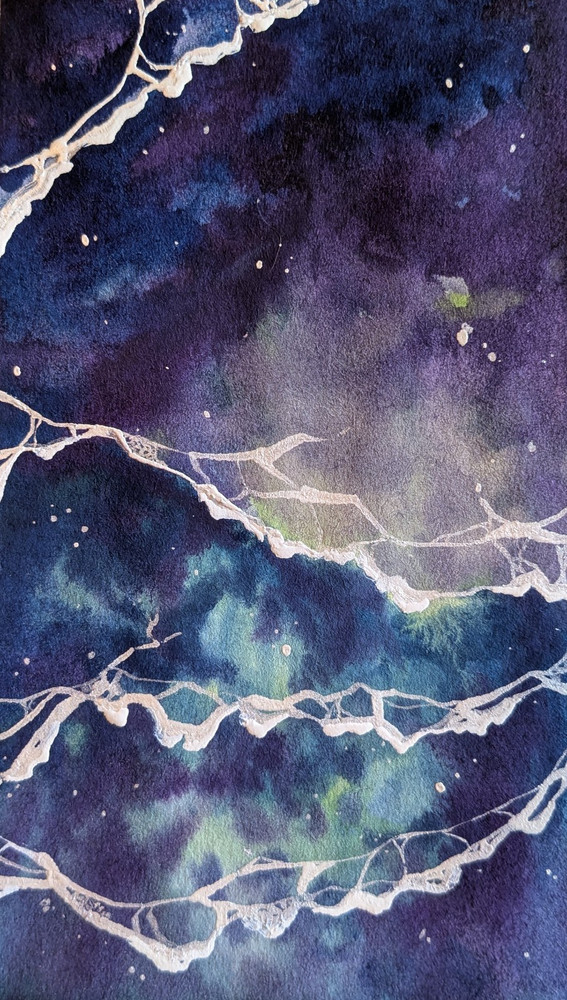 Original Art, Galaxy Ocean Waves, Painting, lnk, Watercolor, Turquoise Water,