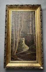 Antique oil on canvas of forest and stream in carved gilt frame