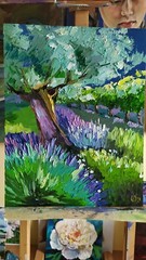 oil painting on panel original hand made art with olive trees and lavender