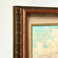 VTG 70s Original Landscape Oil on Canvas Rustic Wood Linen Gold Painting 17.5in