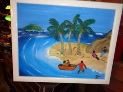 Mo H. artist; „Island Life with Visitors“ Acrylic on Linen Framed; outsider art.