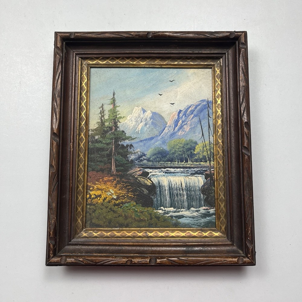 Vintage Oil Painting Mountain River Waterfall Scene Framed Size 11×13 Yosemite