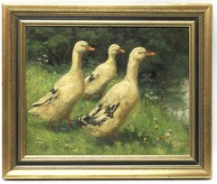 „Three Ducks in the Green“ Sofie Strom Aachen 1940 Oil on Wood 25.0cm x 20.0cm