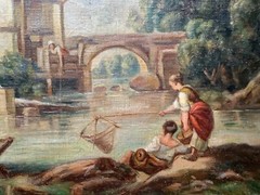 18th Century ANTIQUE Oil Painting Francois BOUCHER Figures Watermill GILT FRAME