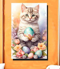 A Cute Cat Kitten playing with Easter eggs Art Canvas Wrap Oil Painting 16×20
