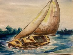 MCM Painting Signed Bryan ’53 Sail Boat Original Nautical Art in Wooden Frame