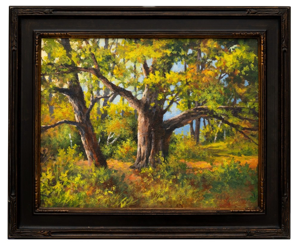 Vintage Tree in the Woods Painting, Acrylic on Board, Nicely Framed